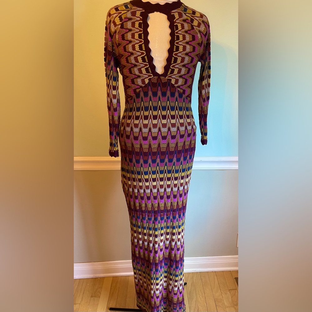 Free People Good Vibrations Retro Knit Maxi Dress Double Leg Slit Size L…